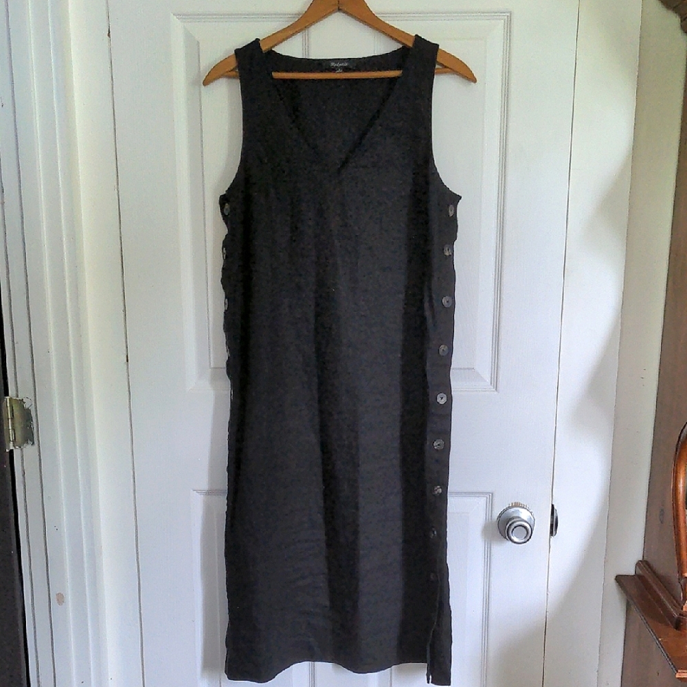 Madewell Cotton Linen Sleeveless Black Dress with Side Buttons - Picture 2 of 6